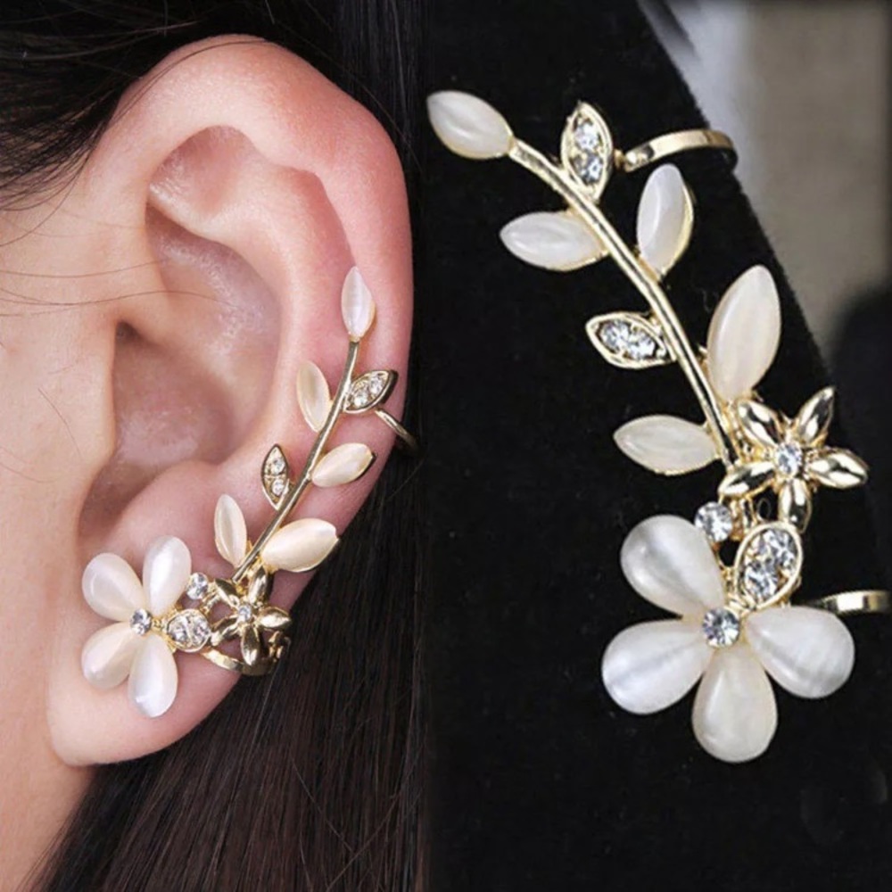 Gold Flower Opal Climbing Ear Cuffs